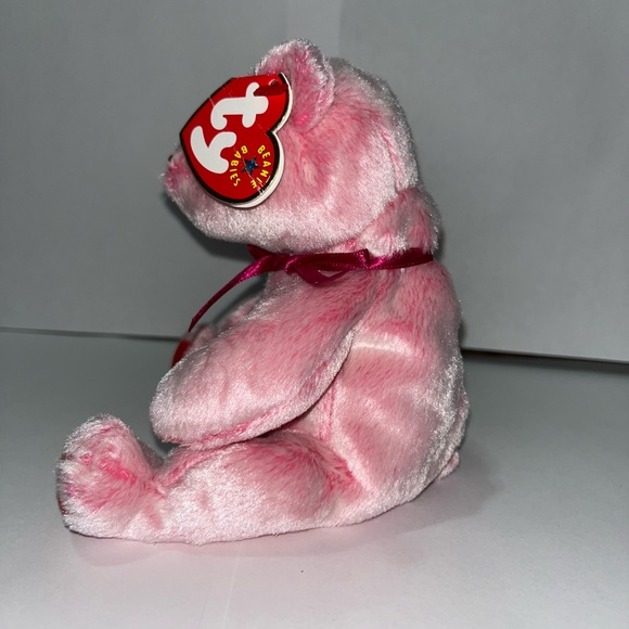 Ty Beanie Baby ROMANCE Valentine's Day Gift Pink Bear Red Hearts Nose - Picture 2 of 6